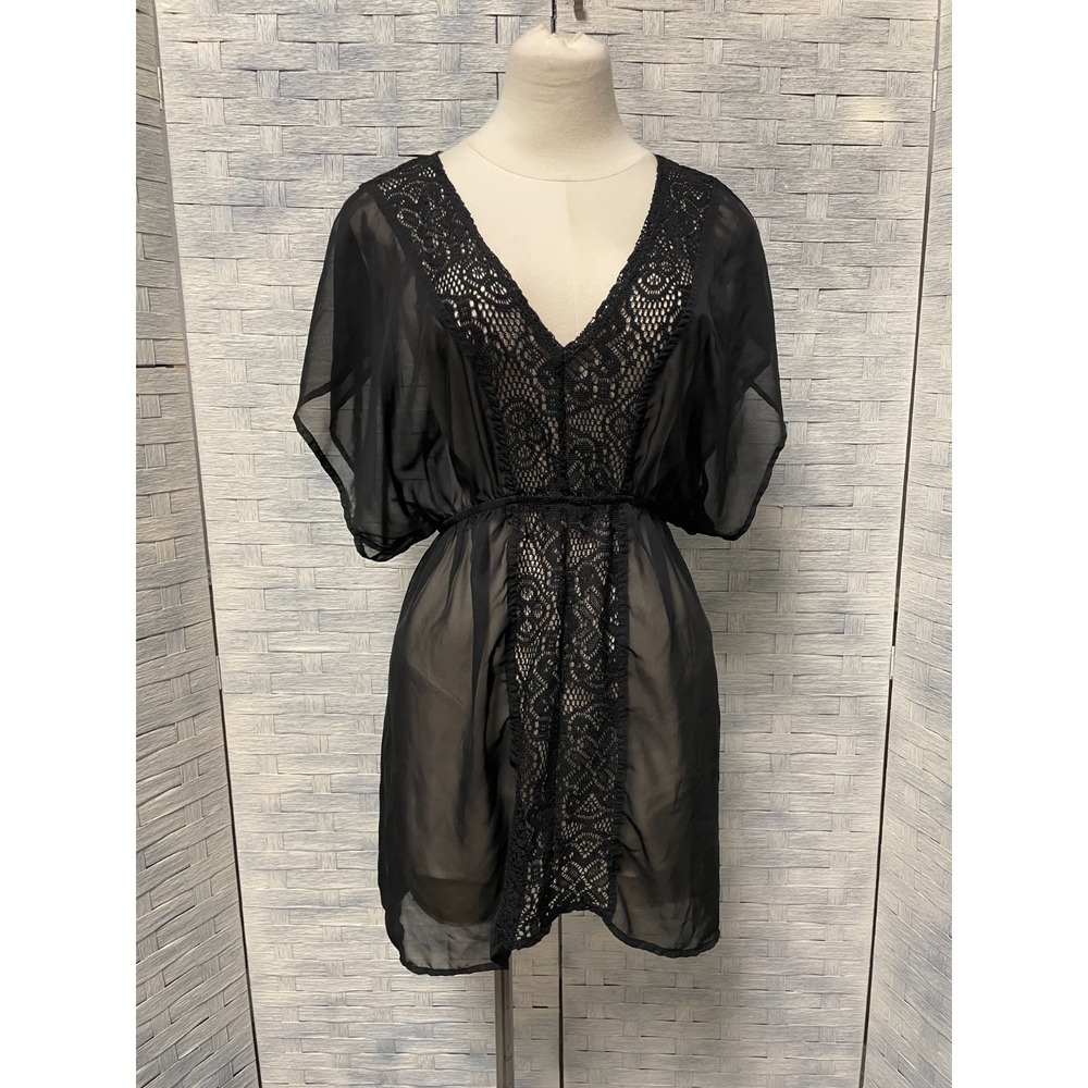 Miken Swim Large Cover Up Womens Black Lace Trim Sheer Kimono Sleeve Boho Beach